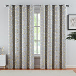 Purainbow grey blackout curtains front view showcasing gold foil Moroccan print