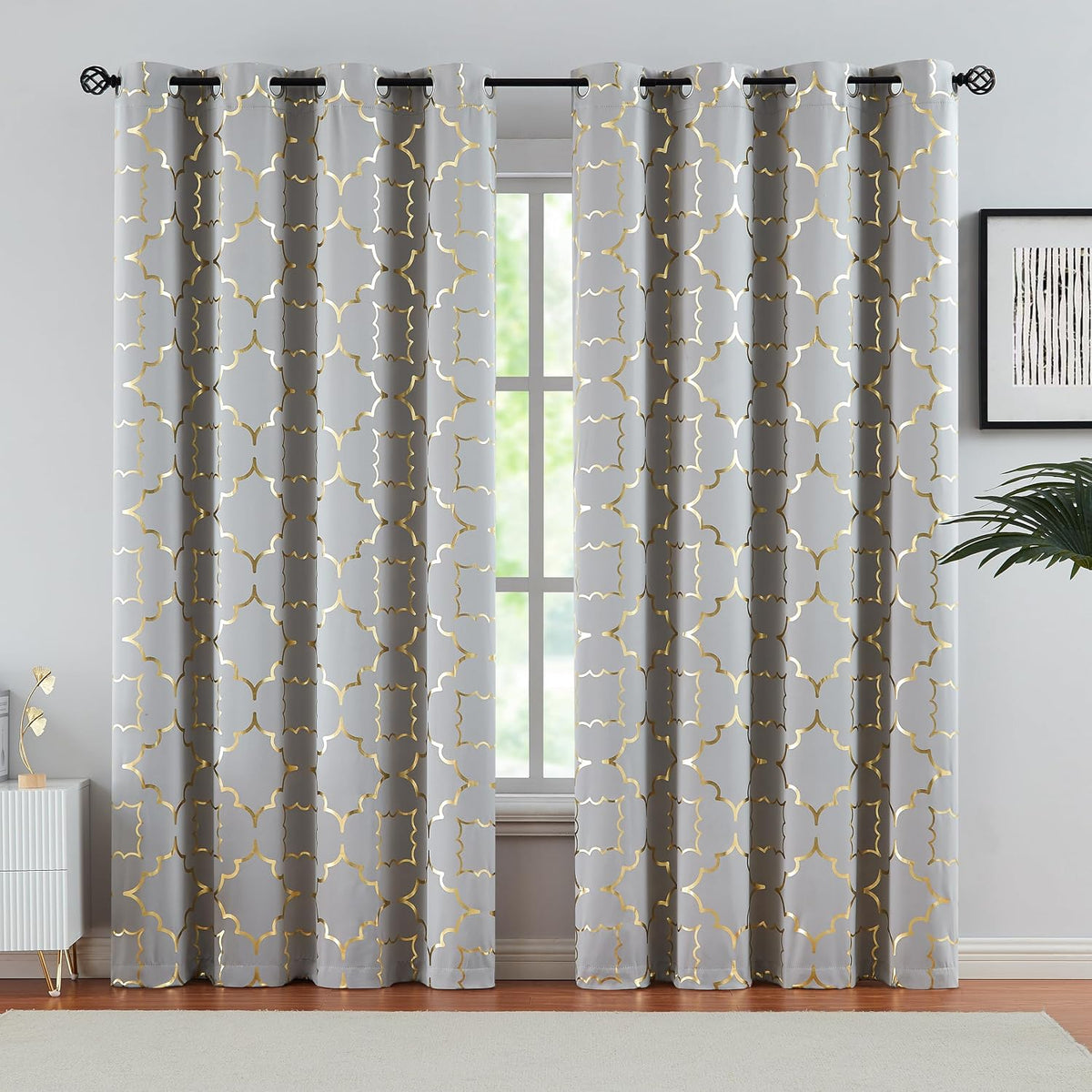 Purainbow grey blackout curtains front view showcasing gold foil Moroccan print