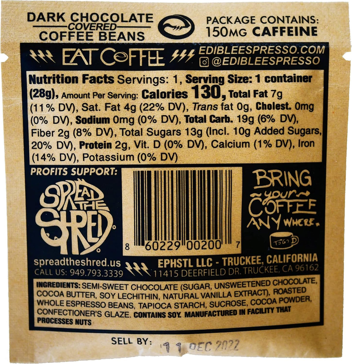 Edible Espresso dairy free plant based energy beans showing three individual pouches.
