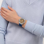 Swatch quartz chronograph watch side profile with crown and pushers