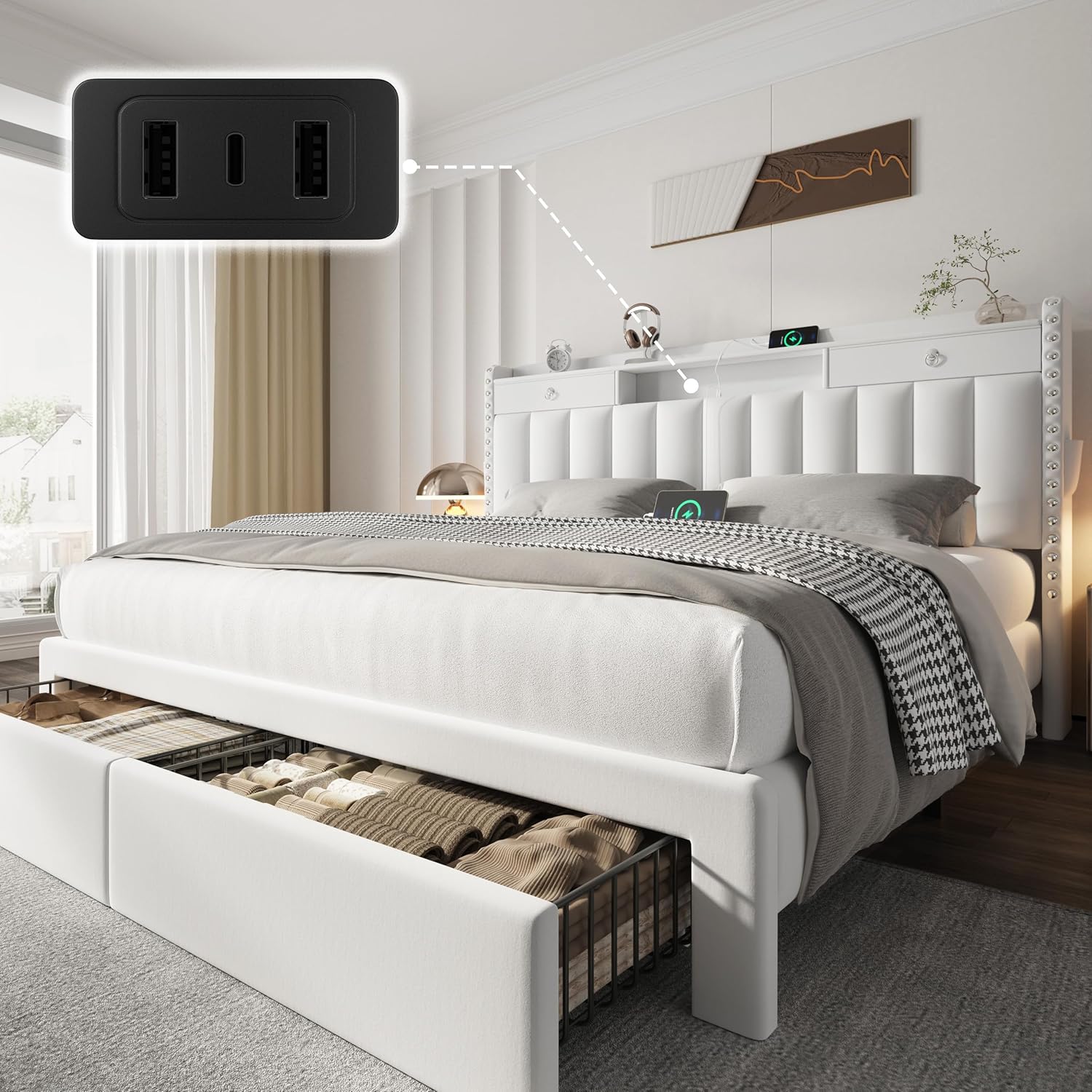 CypBed Queen Bed Frame front view showing white upholstered velvet headboard and integrated charging ports