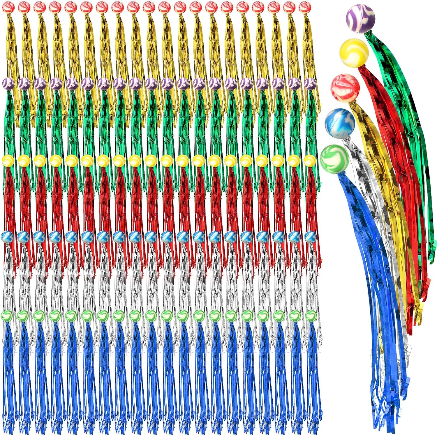 Leyndo 24 pieces colorful streamer balls front view showing assorted rubber comet bouncy balls with metallic foil tails.