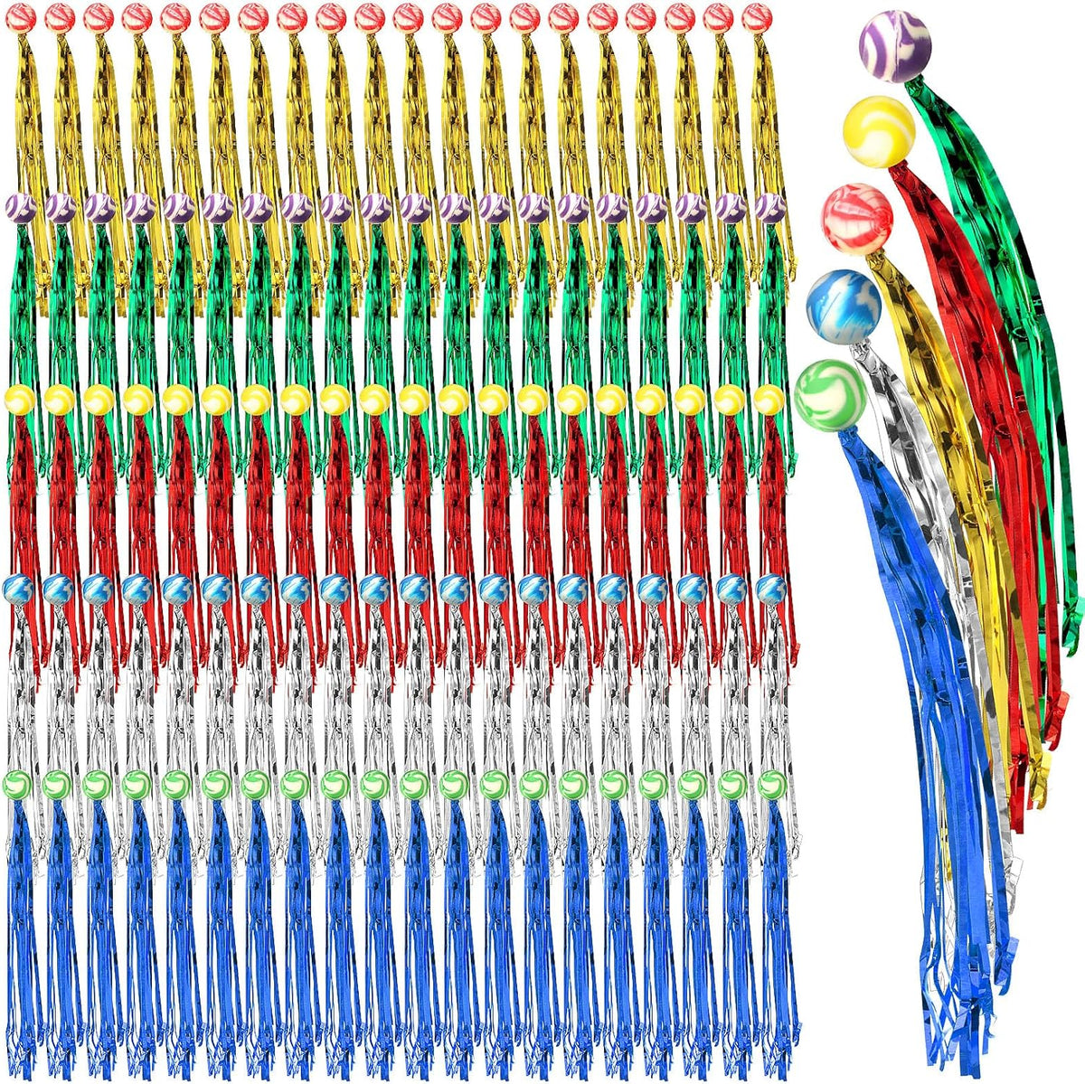 Leyndo 24 pieces colorful streamer balls front view showing assorted rubber comet bouncy balls with metallic foil tails.