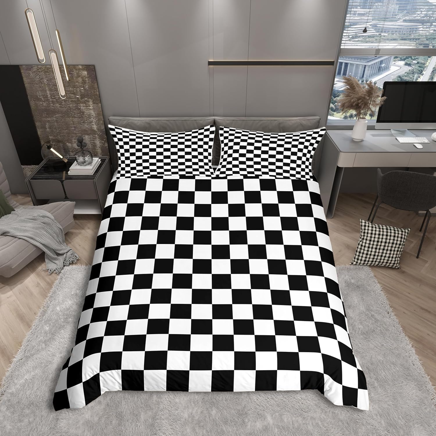 Manfei black and white plaid duvet cover set full size spread out on a minimalist bed setup