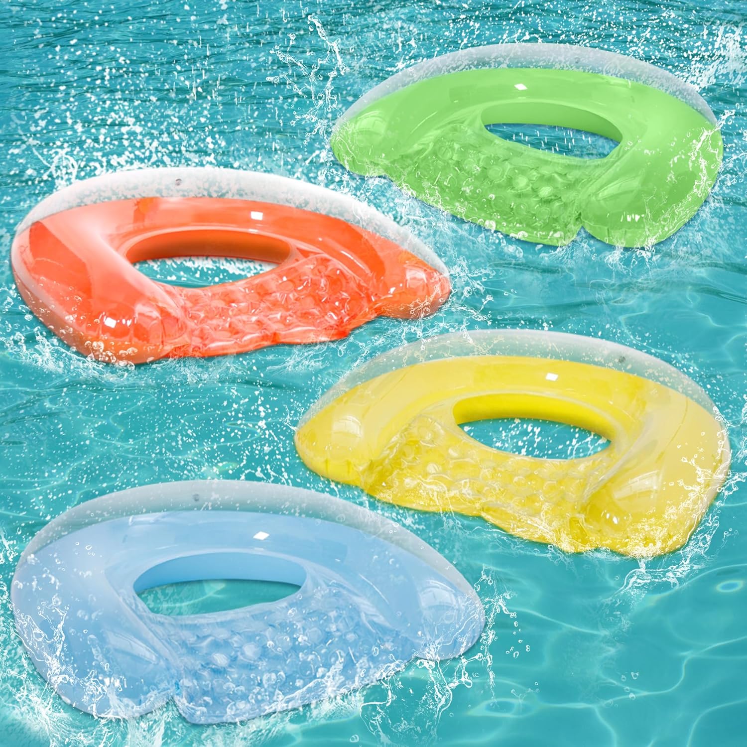 PuppyuWill 3 in 1 pool floats adult pack front view showing vibrant U-shaped inflatable chairs floating on water.