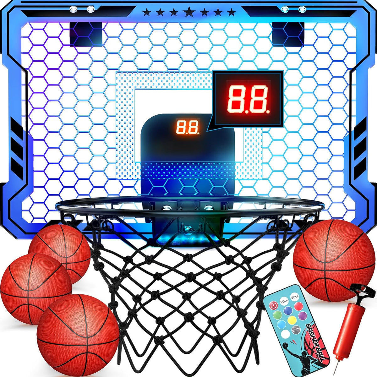 Ropoda indoor basketball hoop front view with LED lights