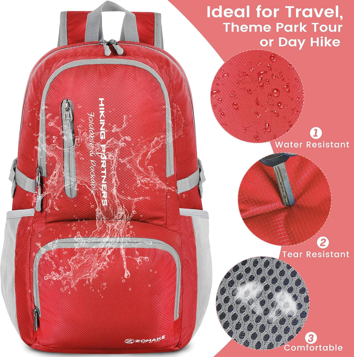 ZOMAKE red daypack side bottle holder pocket detail