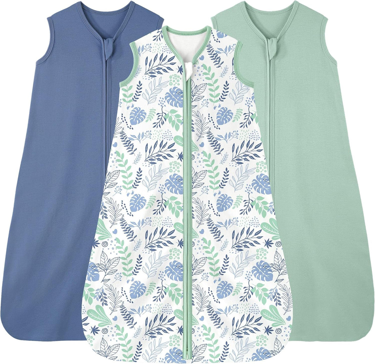 FIEMOL baby sleep sack 3 pack front view in blue green leaf patterns