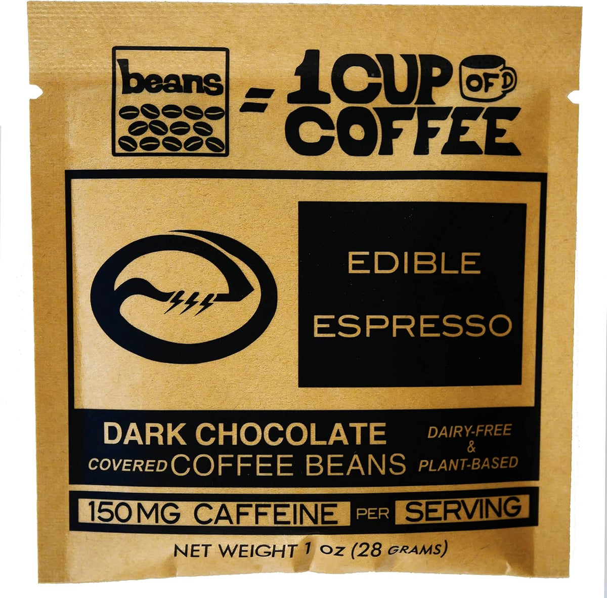 Edible Espresso Dark Chocolate Covered Coffee Beans front view of the packaging for natural energy snack.