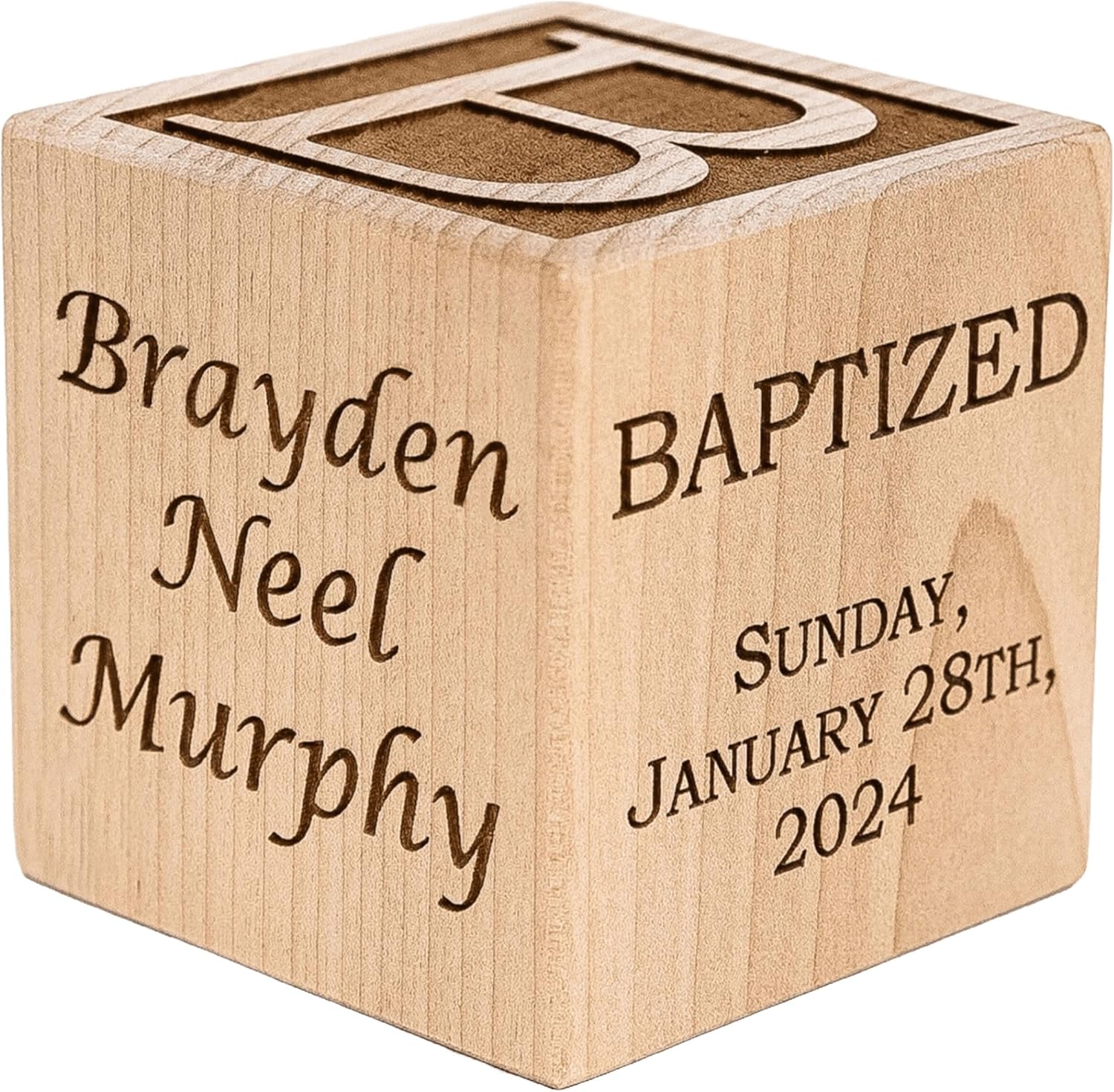 Palmetto Wood Shop personalized baby baptism block front view