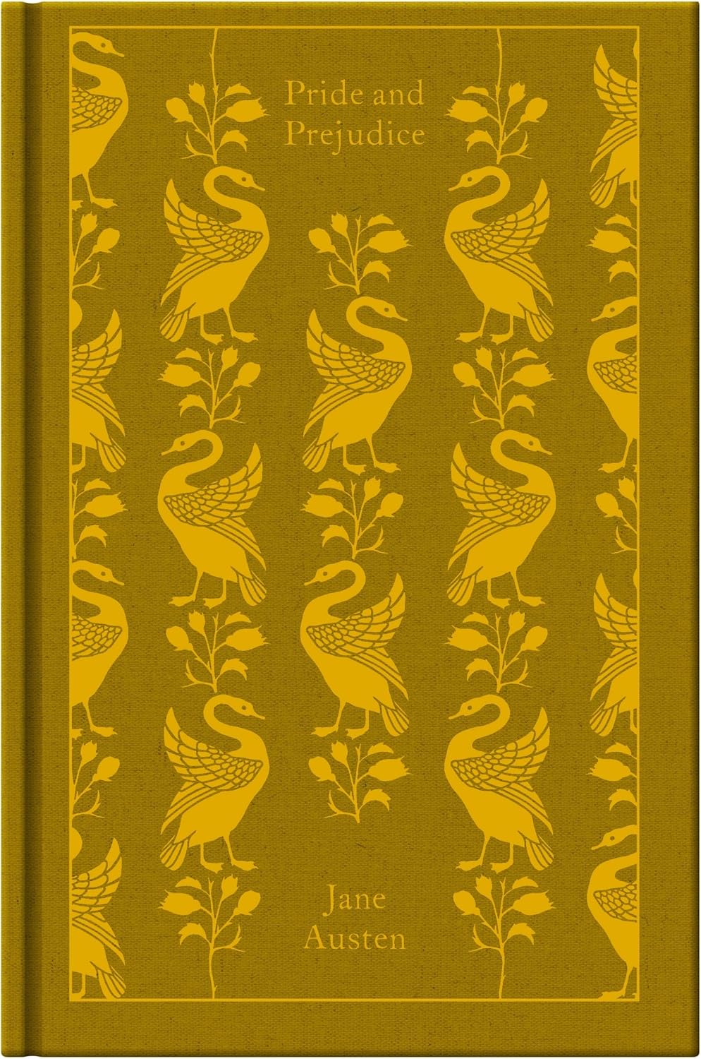 Penguin Clothbound Classics Pride and Prejudice hardcover front view showing yellow-green fabric cover with swan illustrations.