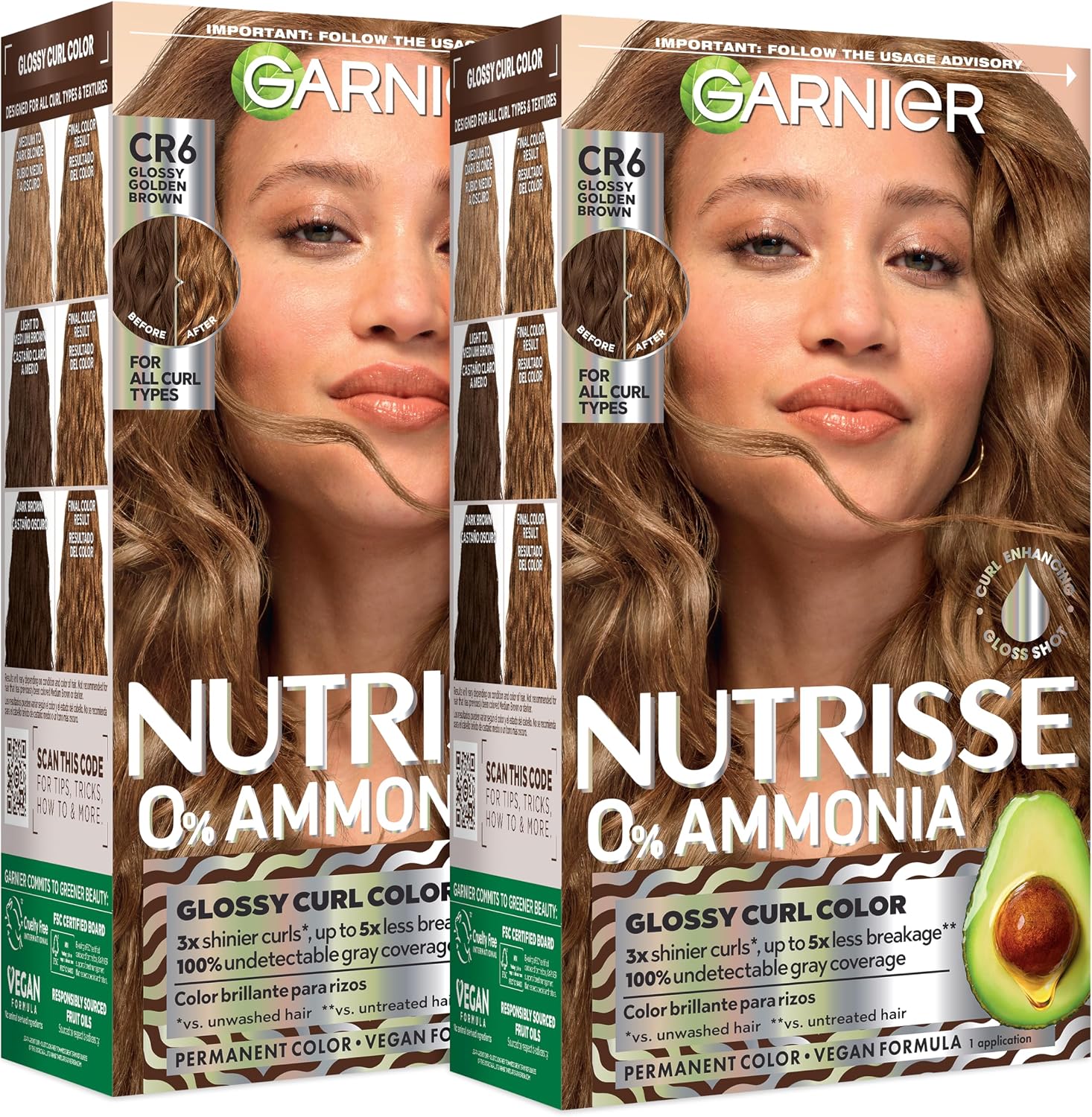 Garnier Nutrisse 0% Ammonia Glossy Curl Color front view showcasing CR6 Glossy Golden Brown packaging.
