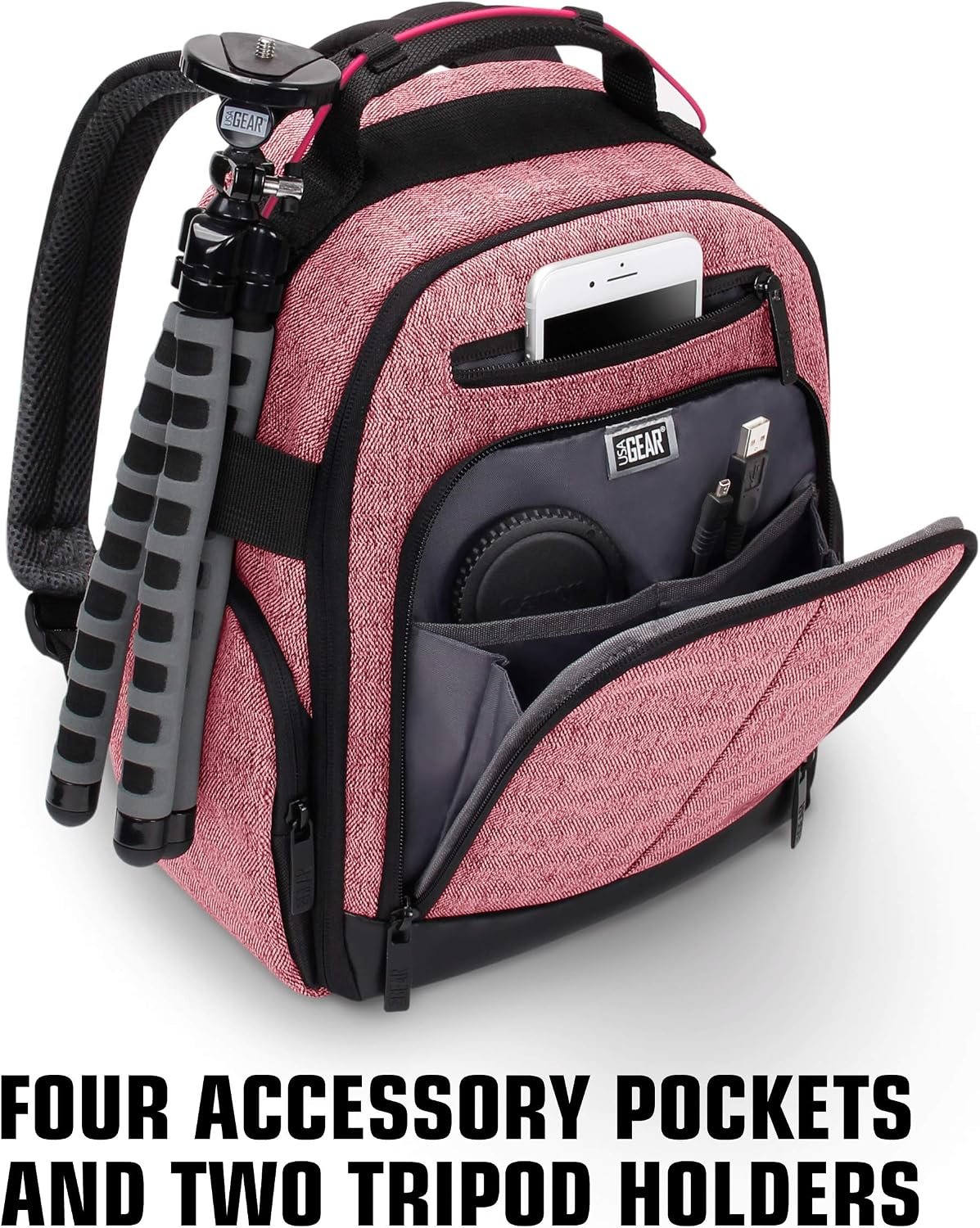 USA Gear camera backpack loaded with DSLR camera and lenses