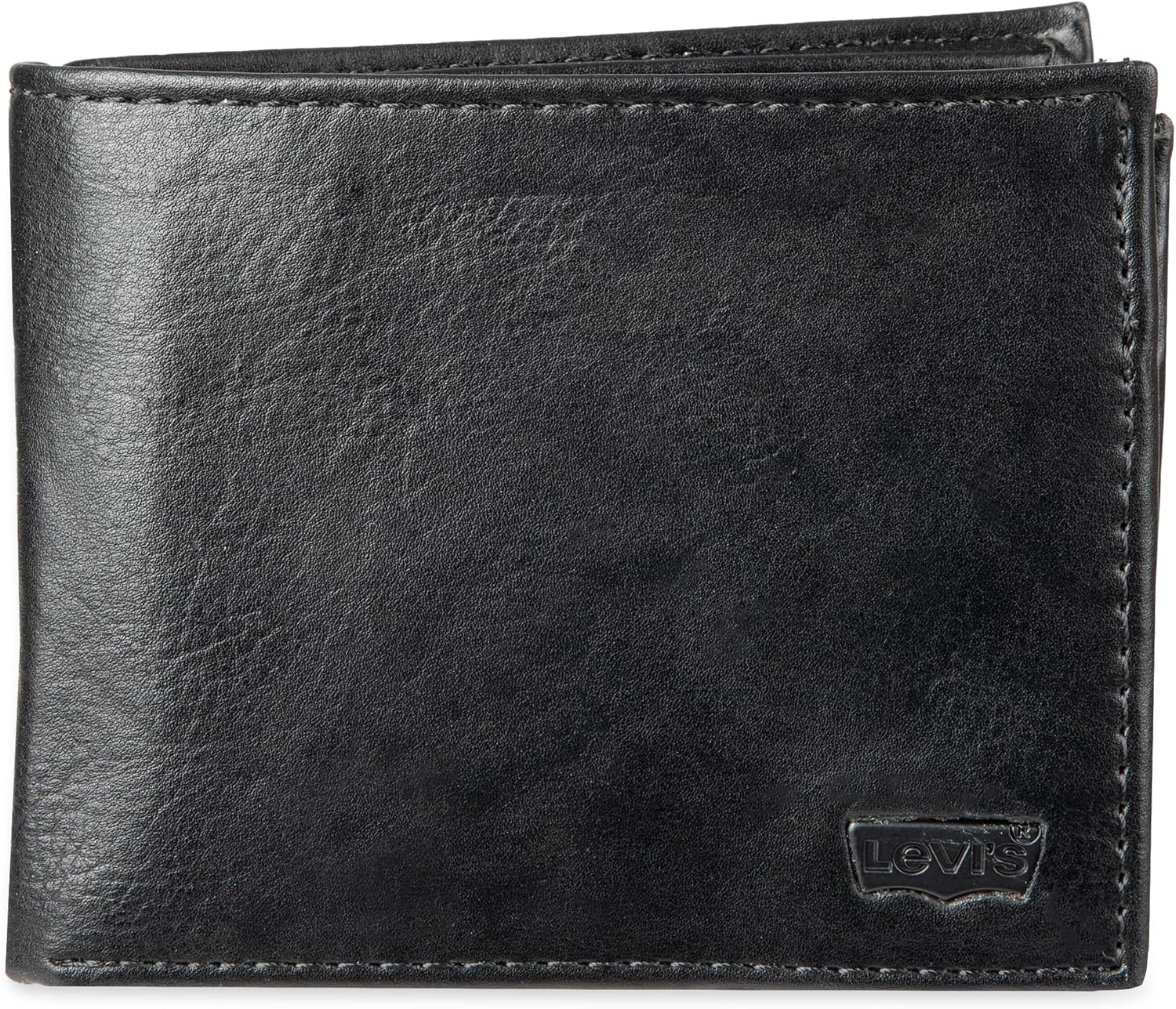 Levi's men's wallet front view showing charcoal black finish and logo