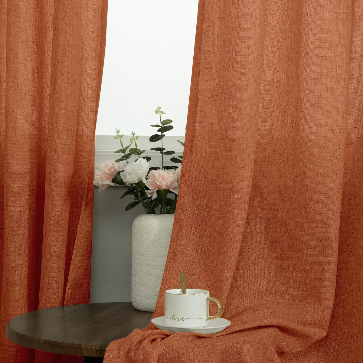 Close up texture of rust terracotta linen blend curtain fabric.