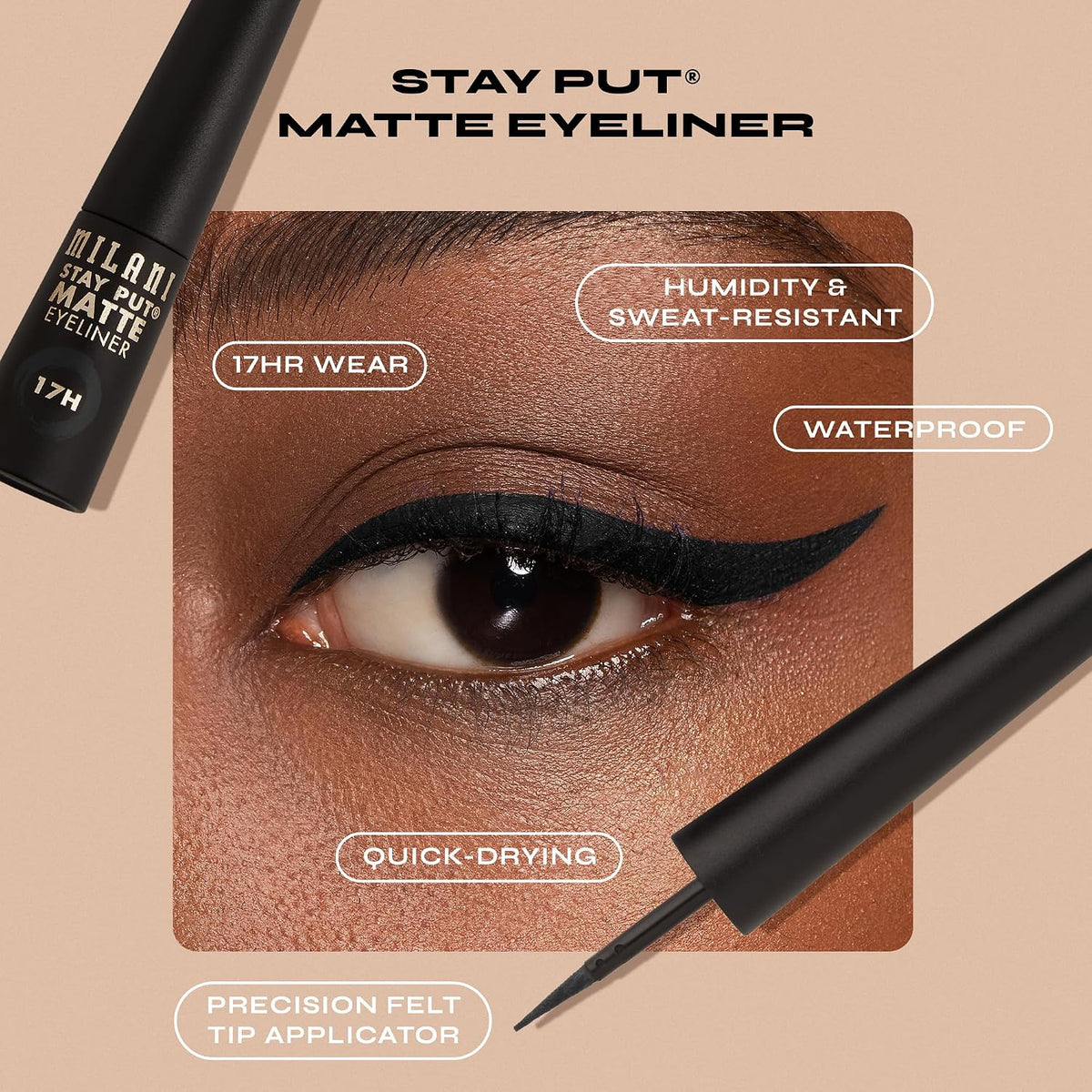 Authentic Milani smudge proof black matte eyeliner packaging view