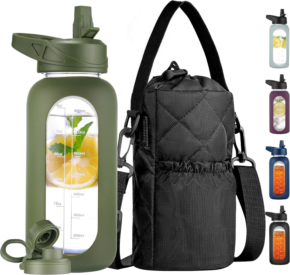 CIVAGO 64 oz Glass Water Bottle with Straw and Insulated Bottle Holder | Half Gallon Motivational Water Jug with Time Marker and Silicone Sleeve, Large Leakproof Water Flask with 2 Lids, Black - Image 14