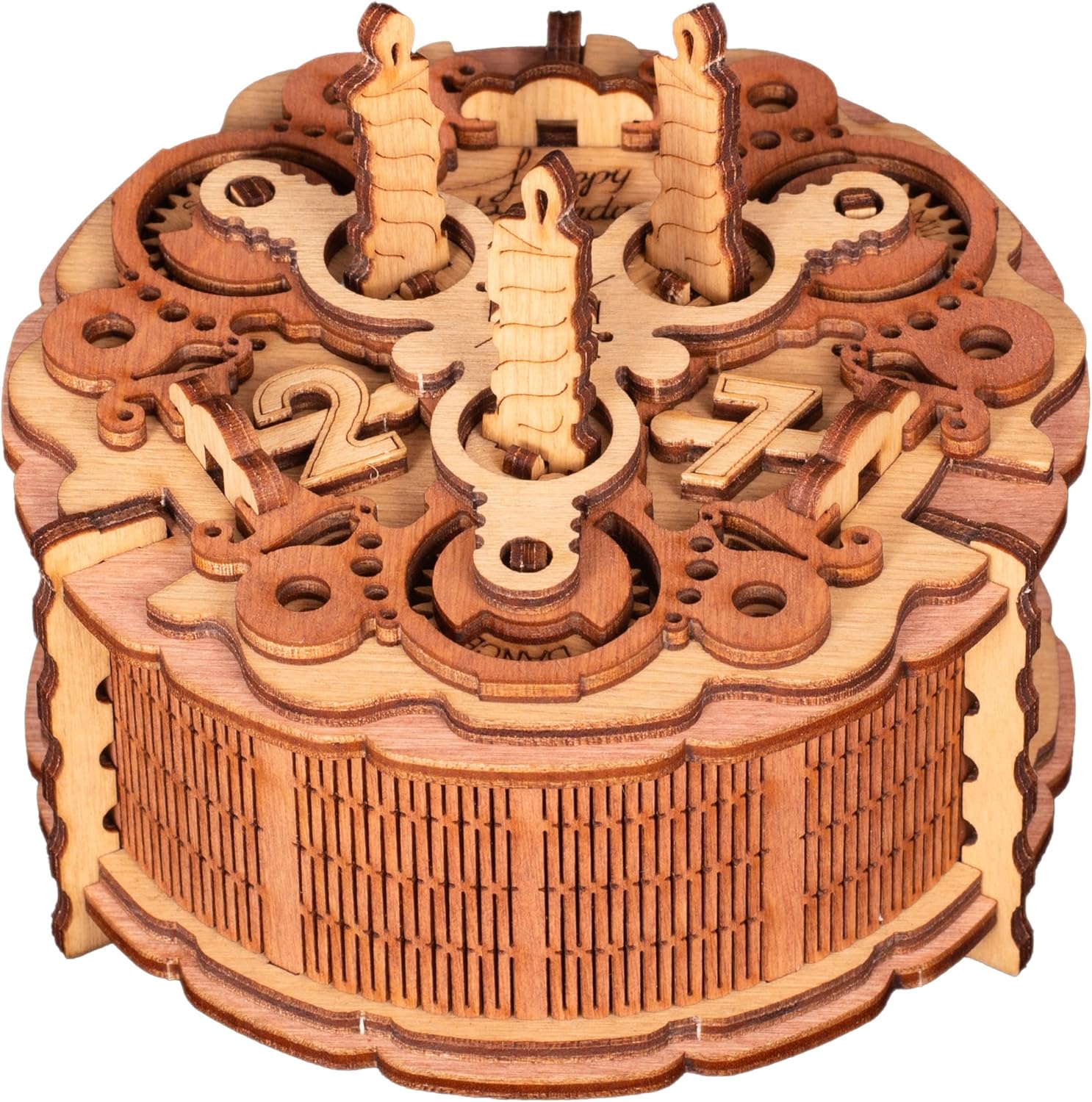 Idventure Birthday Cake Puzzle Box front view showing 3D wooden design