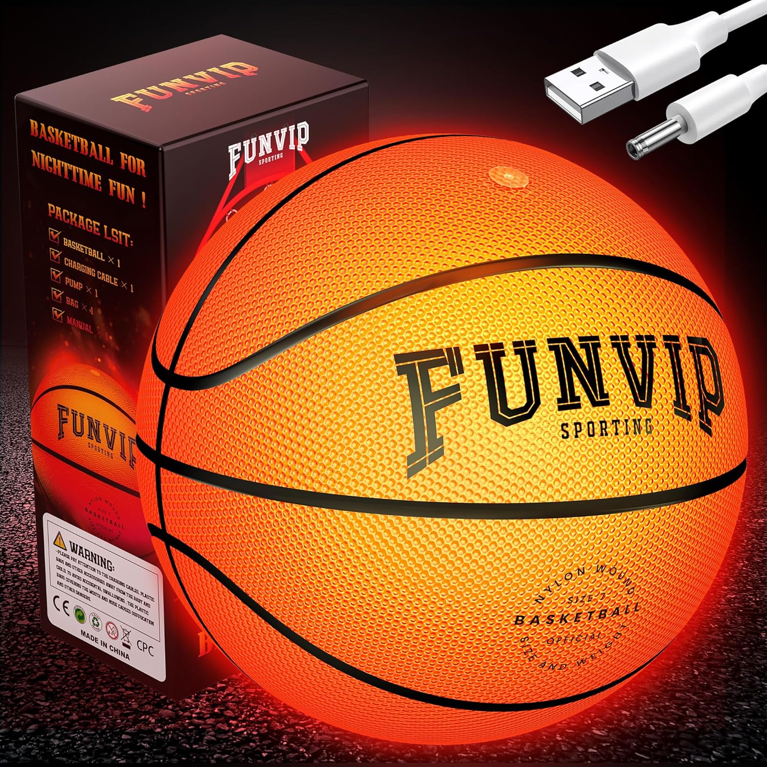 Funvip rechargeable LED light up basketball front view