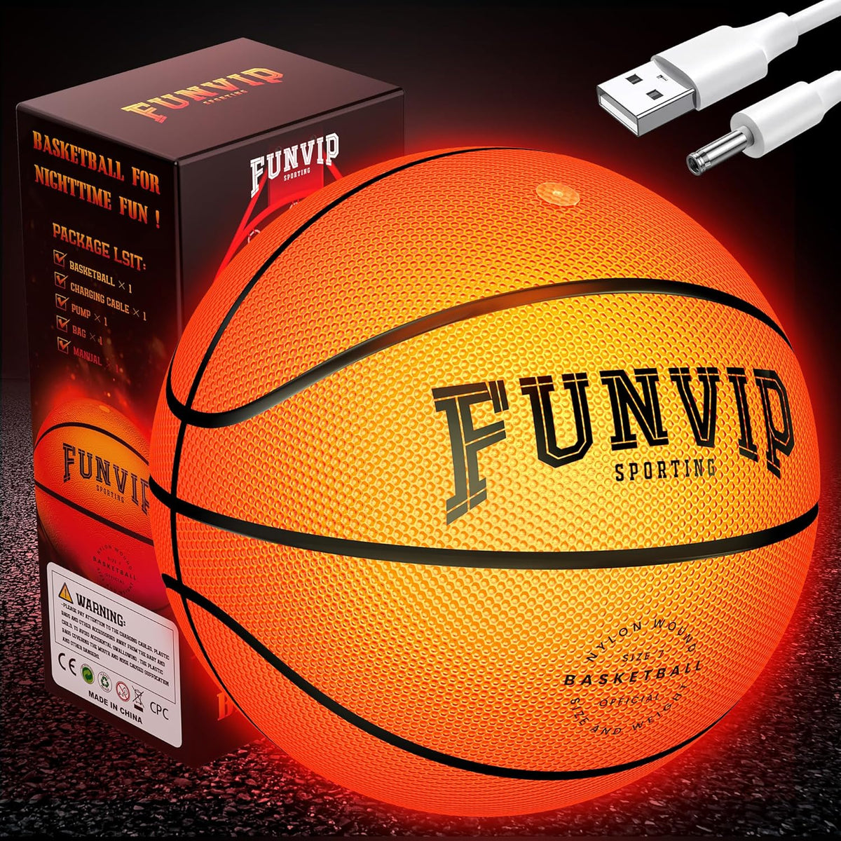 Funvip rechargeable LED light up basketball front view