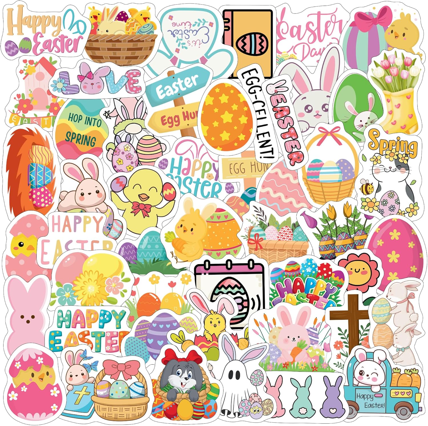 Backtopeia Easter Stickers front view displaying colorful cartoon bunny and egg designs for kids crafts.