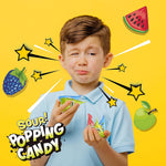 FUNTASTY imported sour popping candy pouch back label showing the complete list of ingredients and allergen warnings.