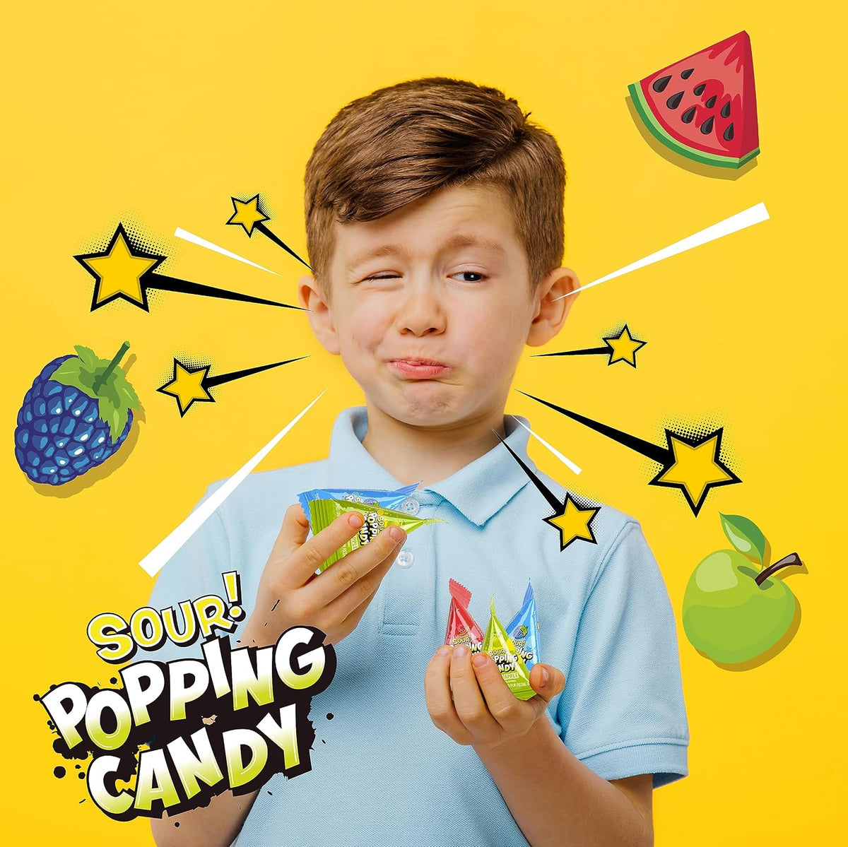 FUNTASTY imported sour popping candy pouch back label showing the complete list of ingredients and allergen warnings.