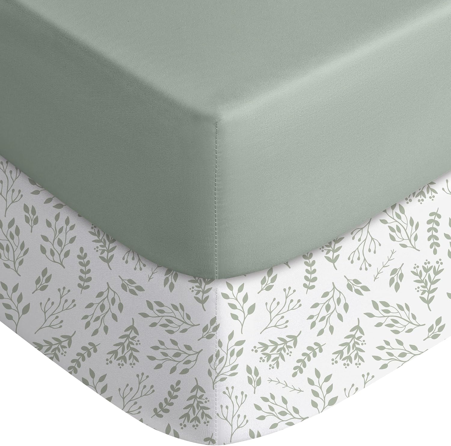 Yoofoss baby crib sheets 2 pack green and leaf front view