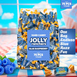 Blue Raspberry Jolly Rancher hard candies poured into a glass bowl