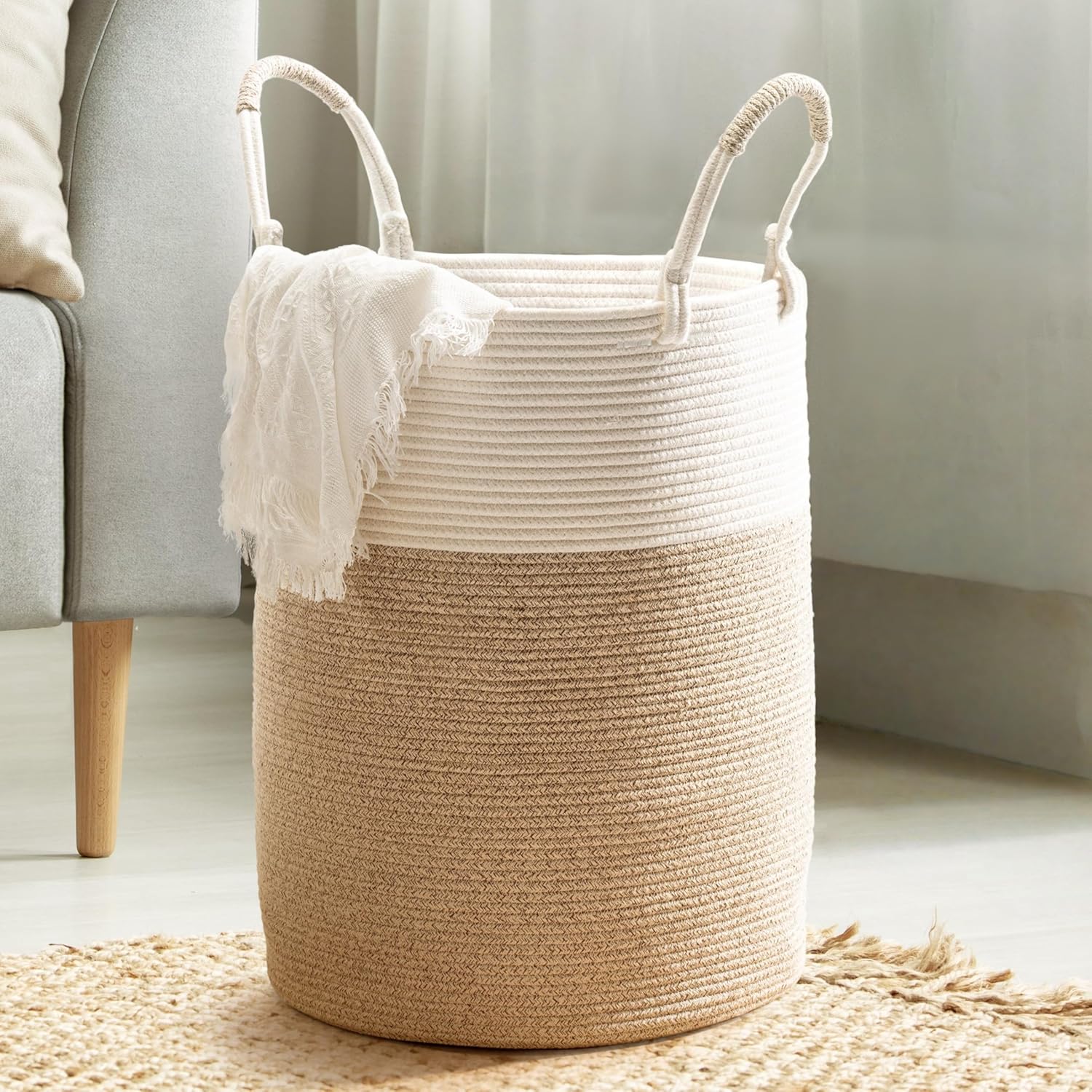 Kodomoore woven cotton rope laundry basket front view boho style