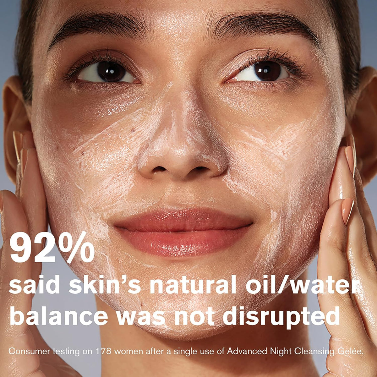 Estee Lauder gel to foam facial cleanser texture demonstration on hands.