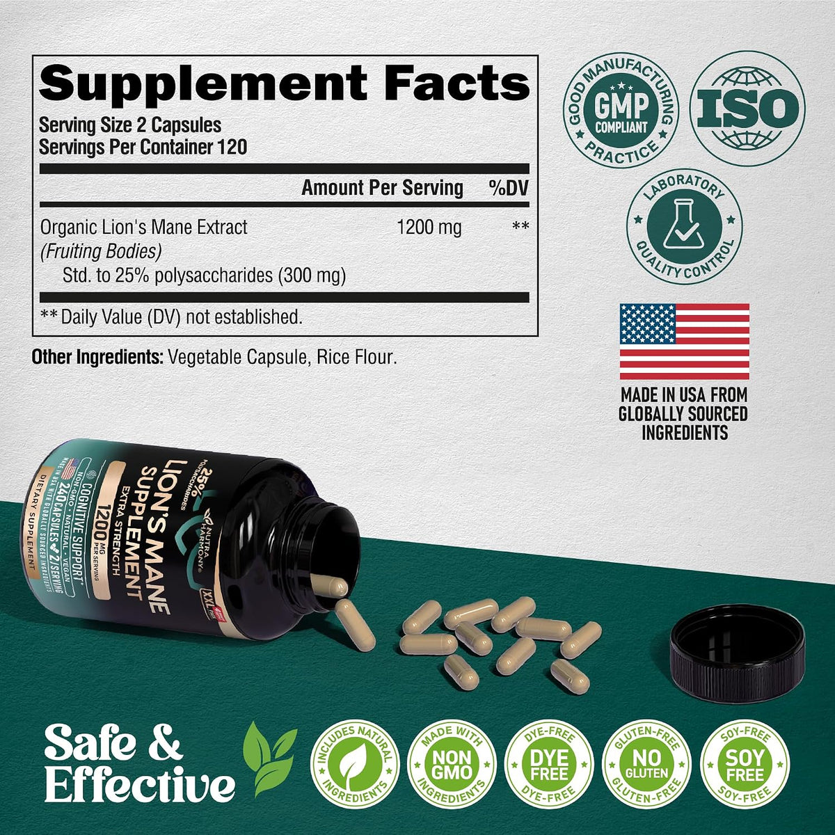 Nutraharmony Lions Mane Supplement Capsules cognitive support benefits graphic