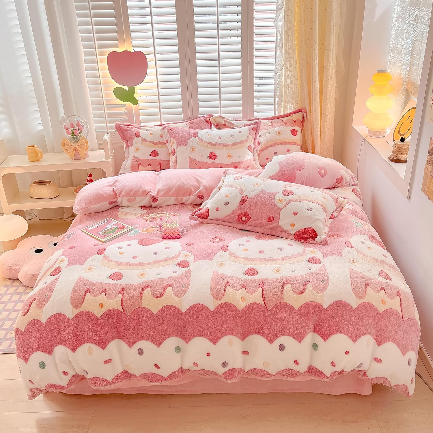 MorroMorn pink duvet cover queen cream cake bedding set front view on bed