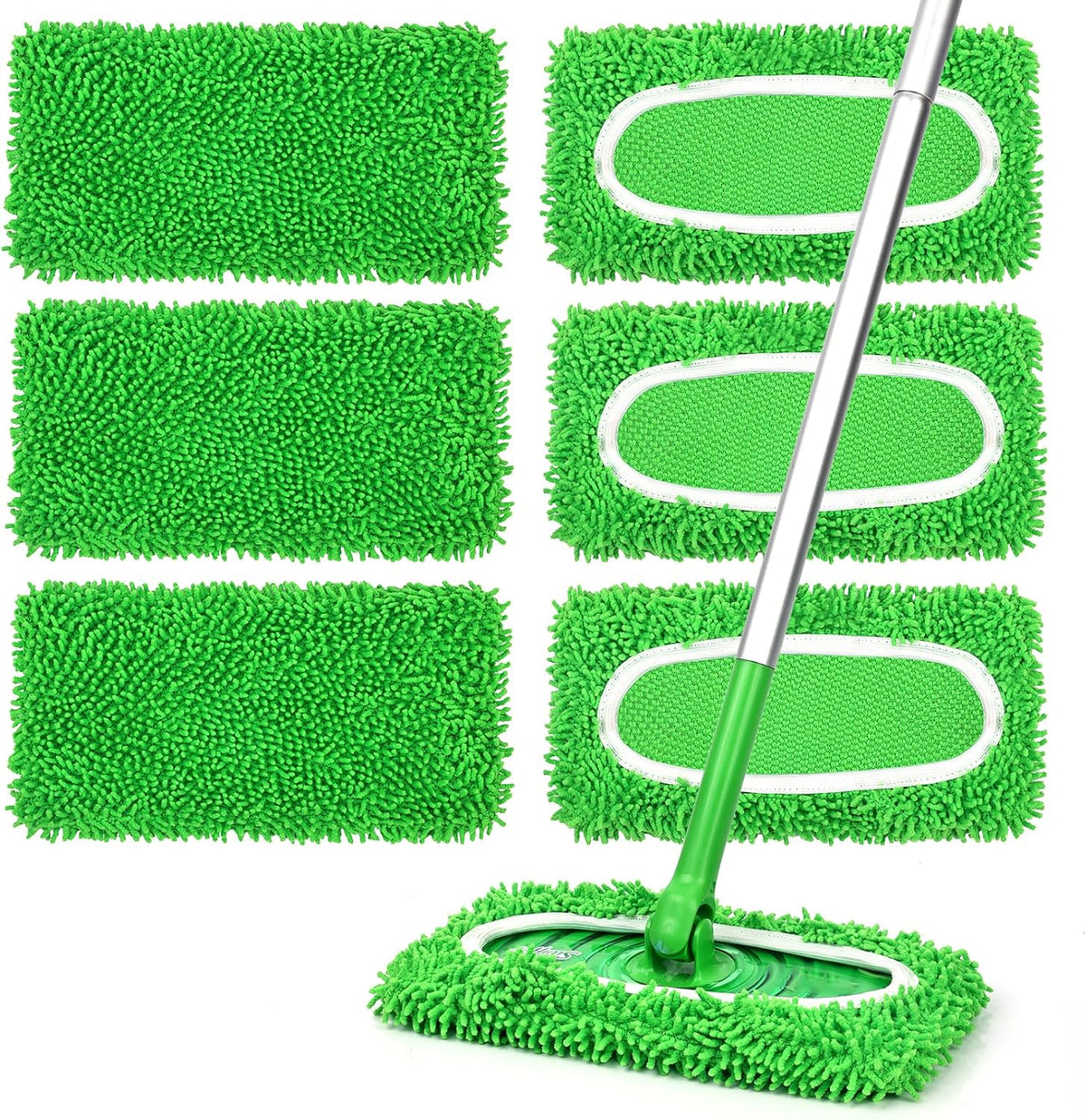 ZMZPA reusable microfiber mop pads six pack front view showcasing thick green and grey chenille textures.