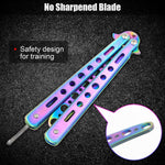 Morden Ms balisong trainer closed with secure tail latch mechanism.