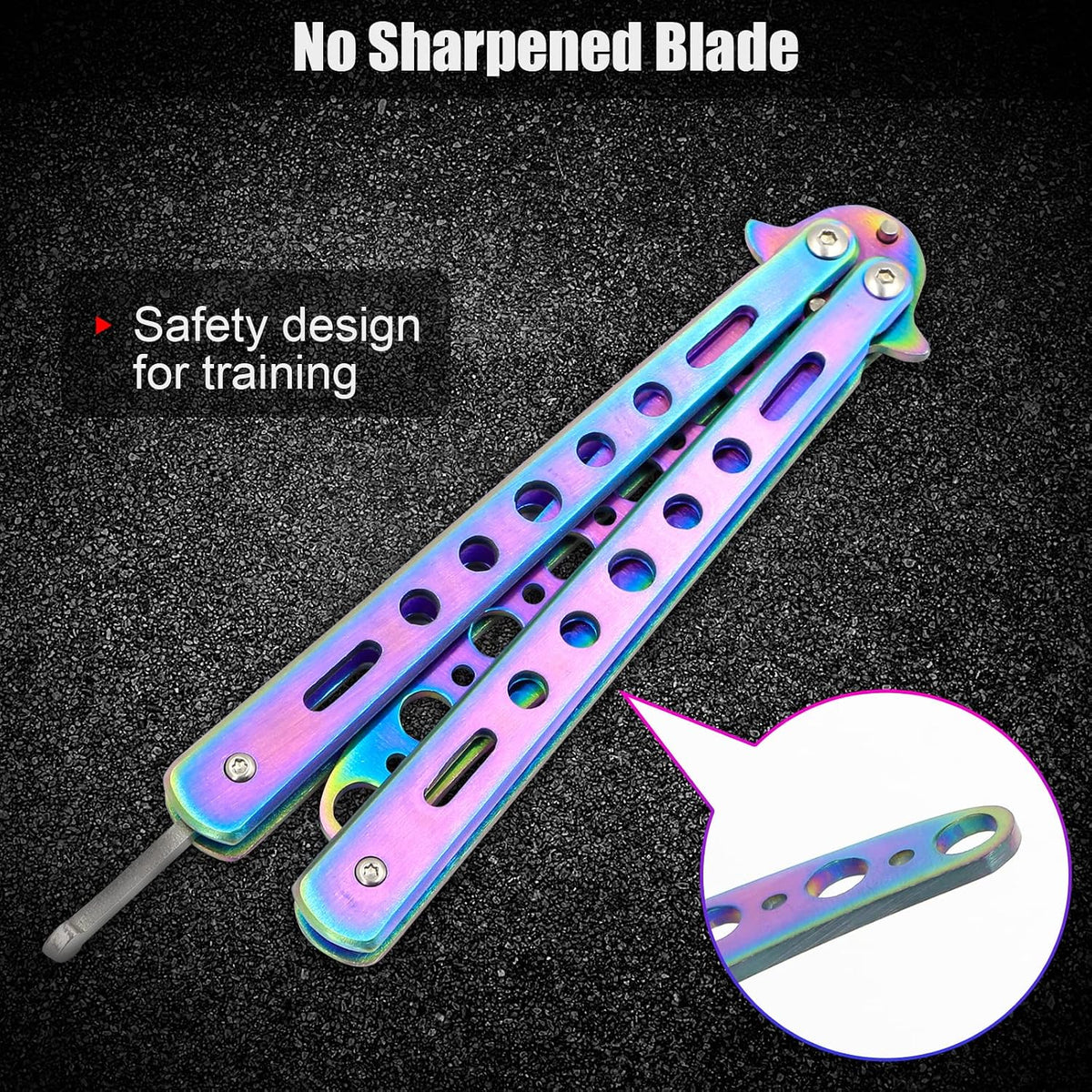 Morden Ms balisong trainer closed with secure tail latch mechanism.