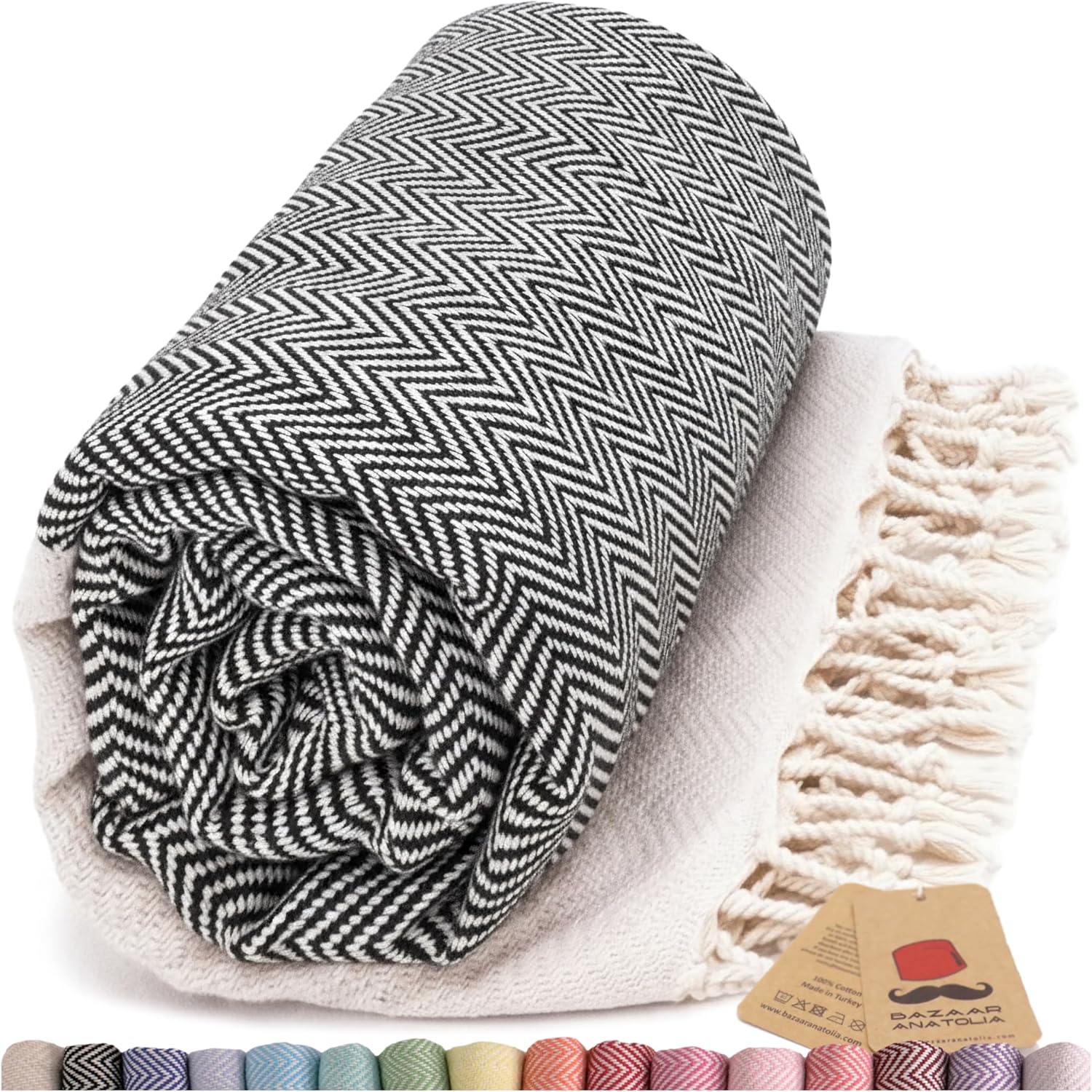 Bazaar Anatolia Herringbone Turkish Beach Towel in black