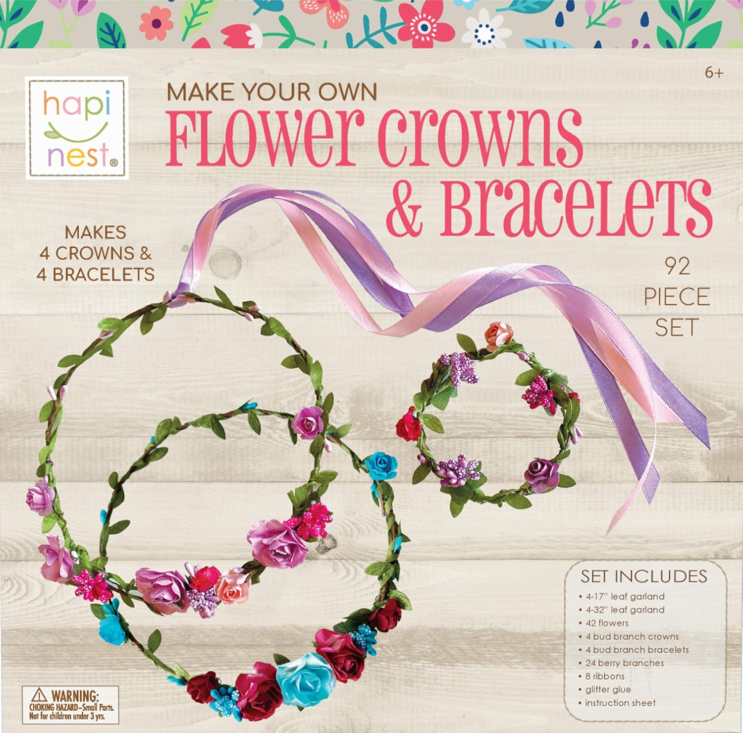 Hapinest Flower Crown Craft Kit front packaging view showcasing colorful DIY floral headbands.