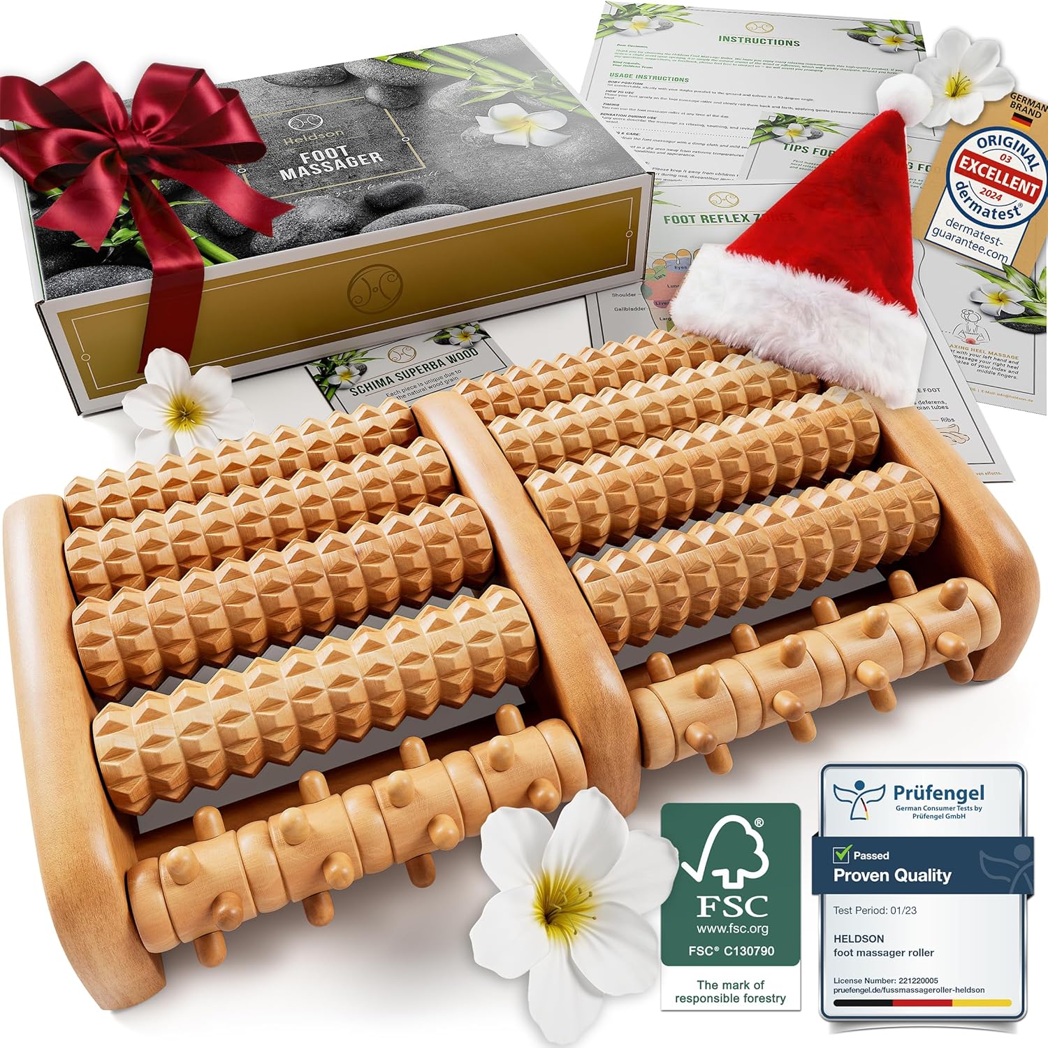 Heldson wooden foot massager roller front view for plantar fasciitis relief