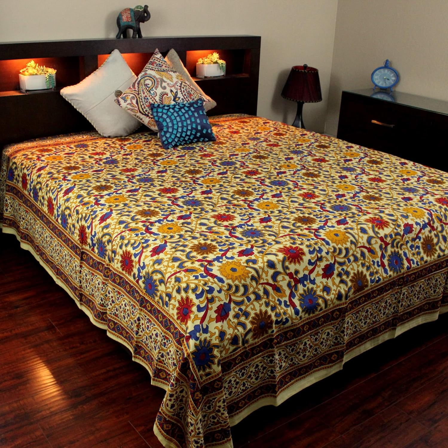 India Arts yellow sunflower print cotton bedspread front view