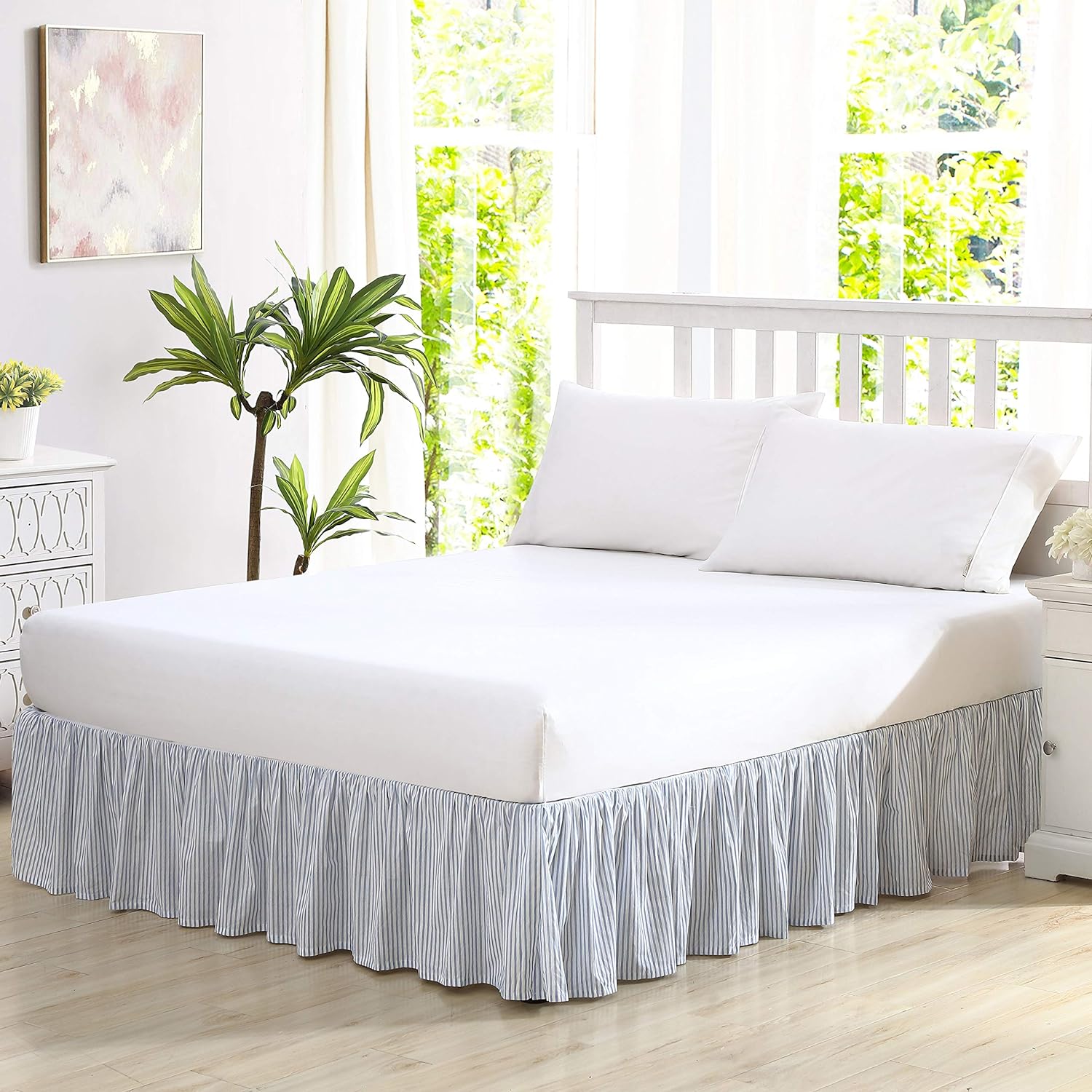 Laura Ashley Home cotton ruffled bedskirt blue pinstripe front view