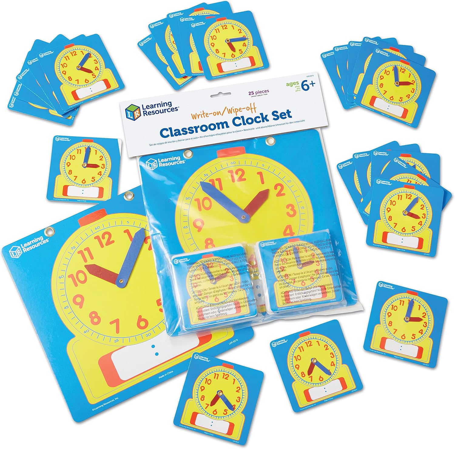 Learning Resources Write and Wipe Clocks Classroom Set front view displaying the large teacher demonstration clock and individual student kits.