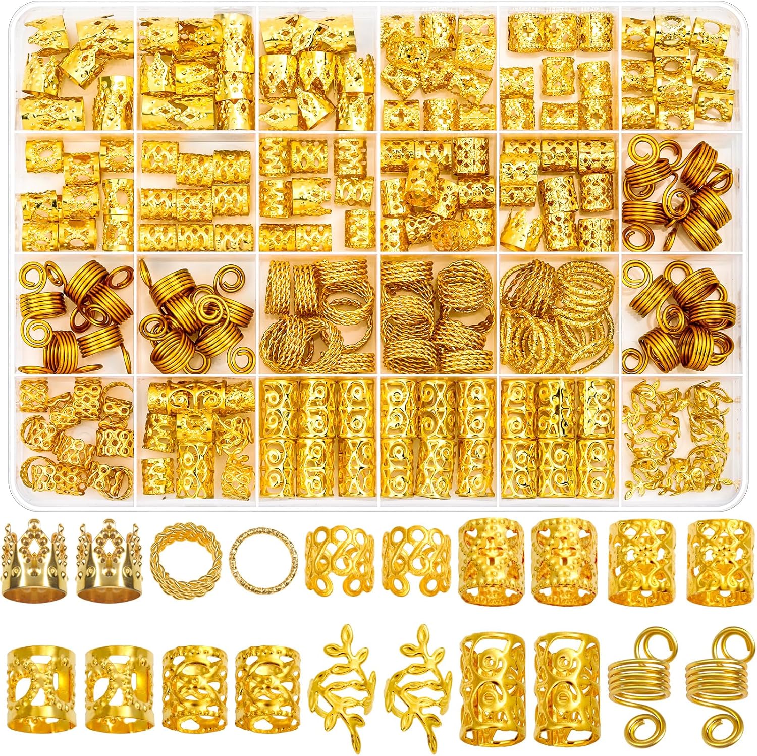 Lucomb 220 Pcs Gold Hair Jewelry for Braids, Loc Jewelry for Hair Dreadlock, Loc Charms for Women, Metal Gold Braids Rings Cuffs Clips for Dreadlock Accessories Clip Braids Extensions Decorations - Image 1