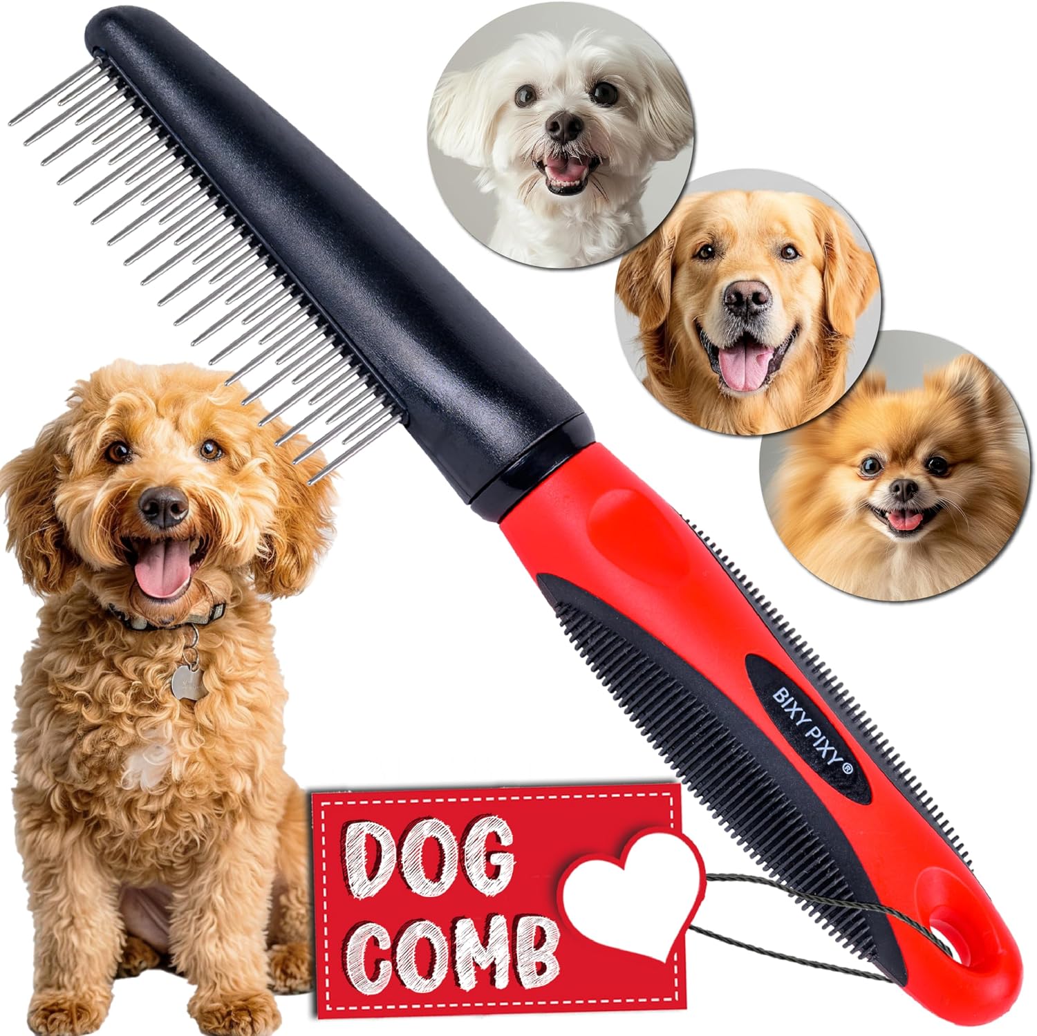 Bixy Pixy Poodle Comb front view showing the dual length rotating stainless steel teeth.