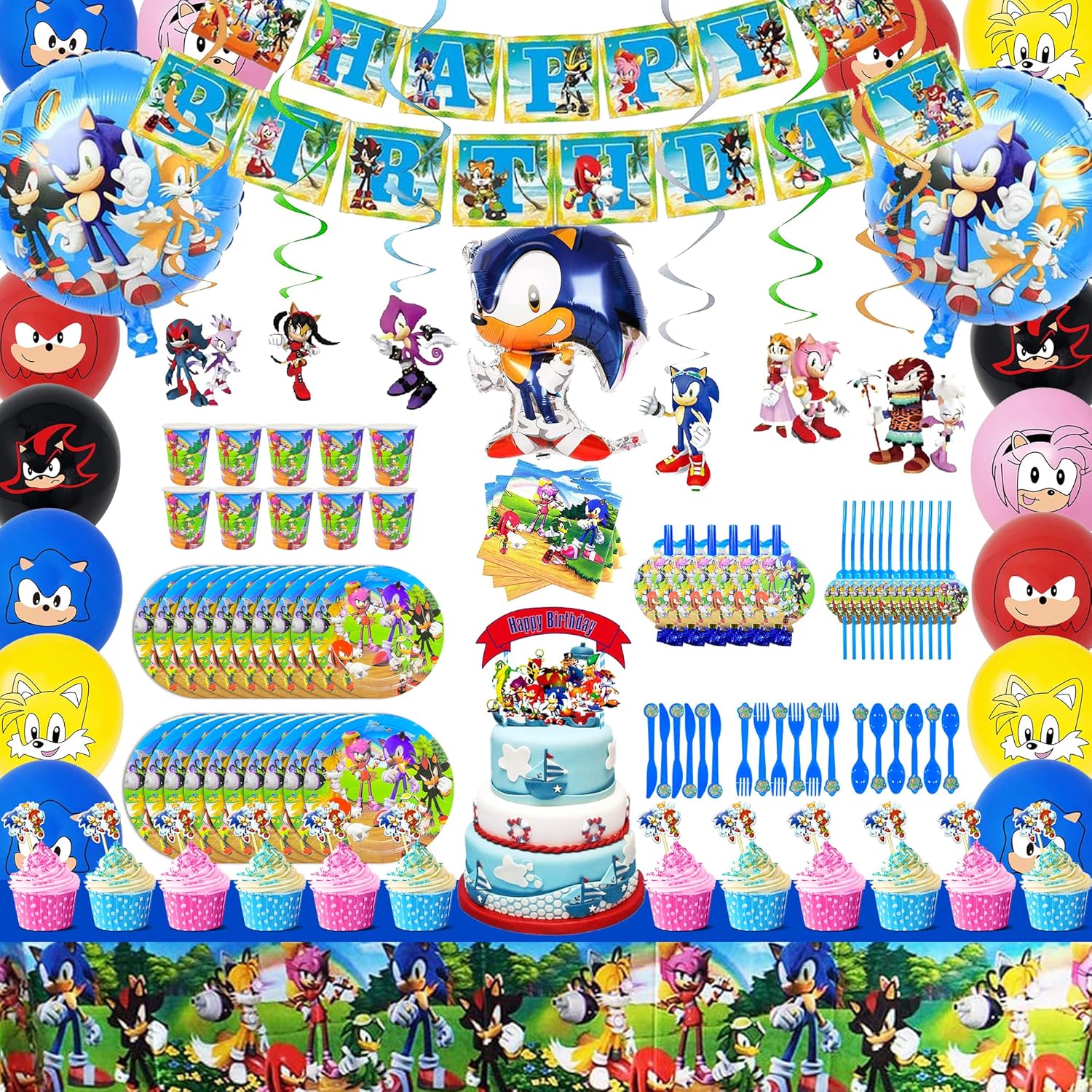 BAREBELLS Sonic birthday party supplies decoration kit for twenty guests front view of complete set
