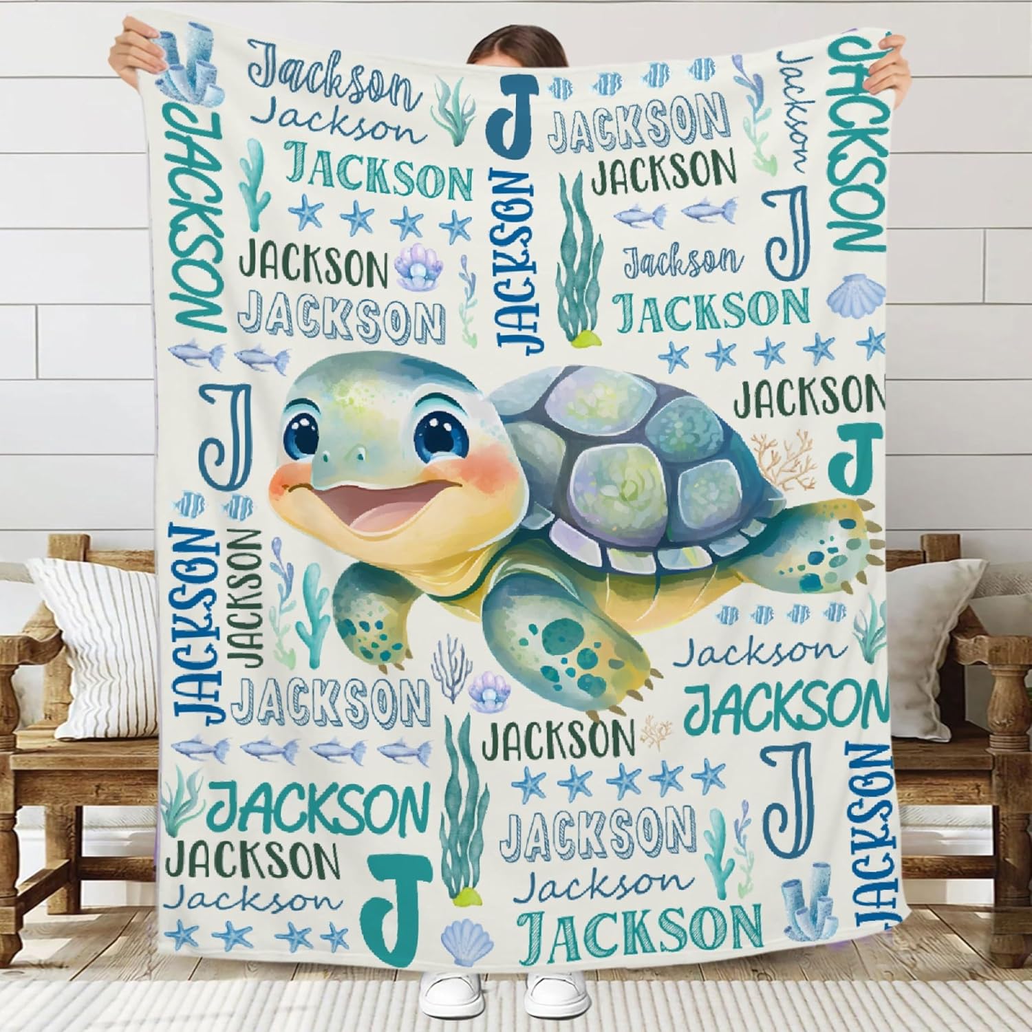 JL-JOYLIVELY personalized sea turtle baby blanket front view featuring custom name text.