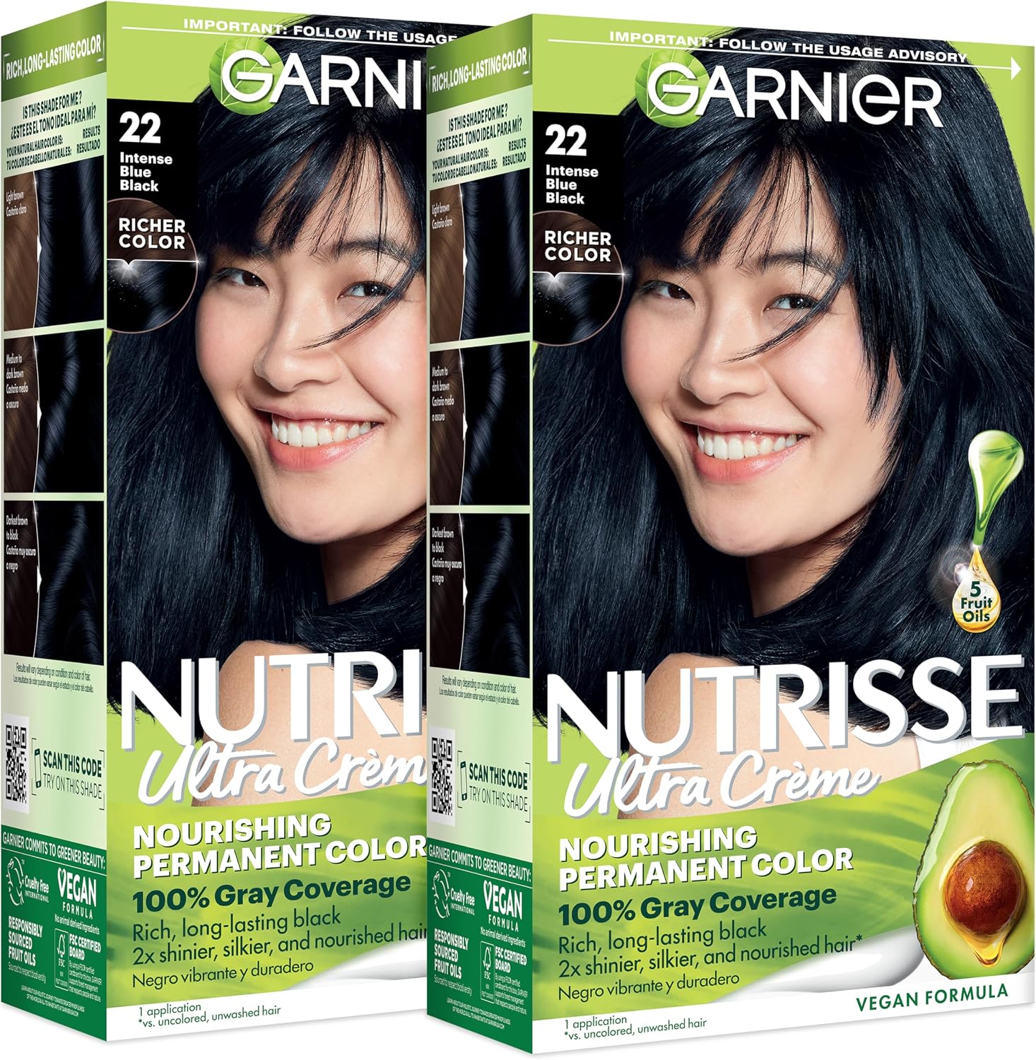 Garnier Nutrisse Ultra Crème hair color front view showing shade 22 Intense Blue Black packaging.