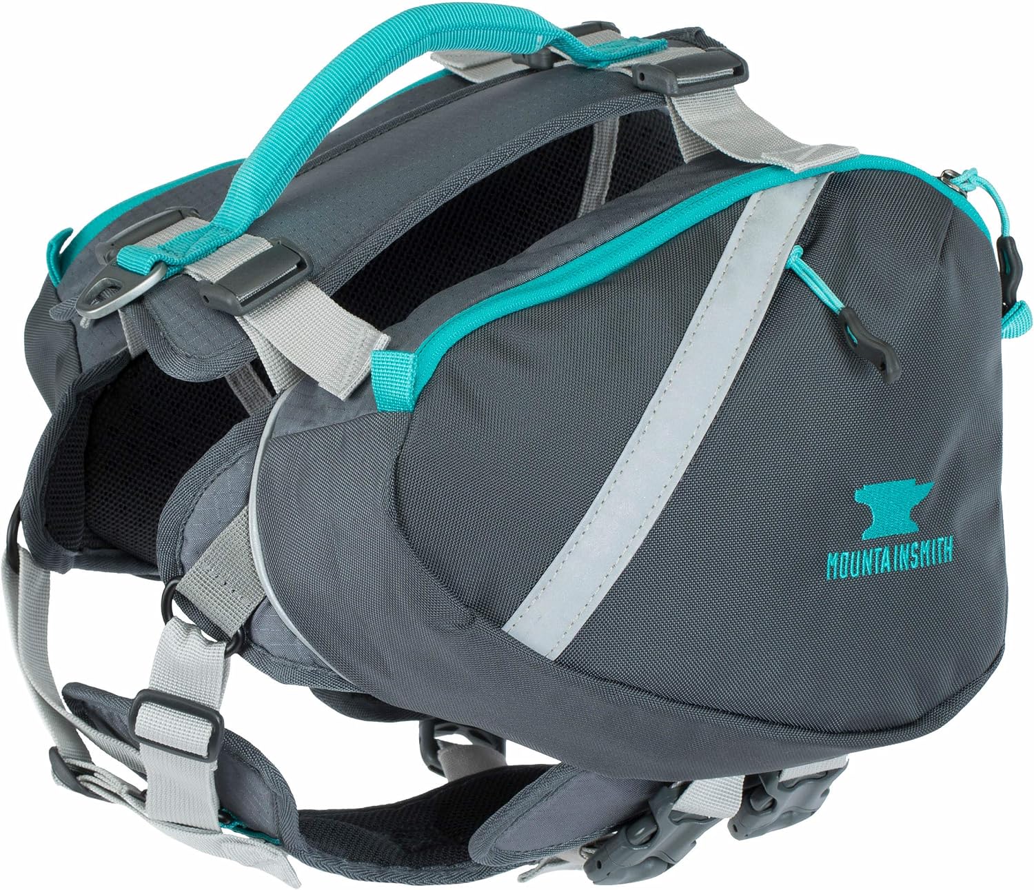 Mountainsmith K9 Dog Pack in Caribe Blue small size front view showcasing the adjustable chest harness and padded sternum piece.