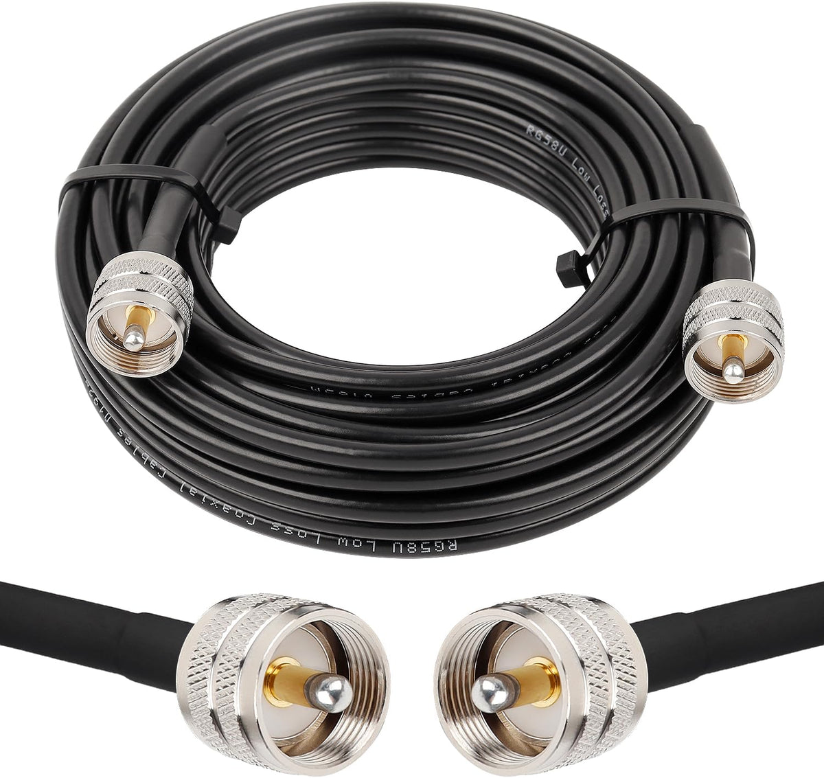 Complete product packaging contents for the fifteen foot premium grade RG58 amateur radio communication connection line.