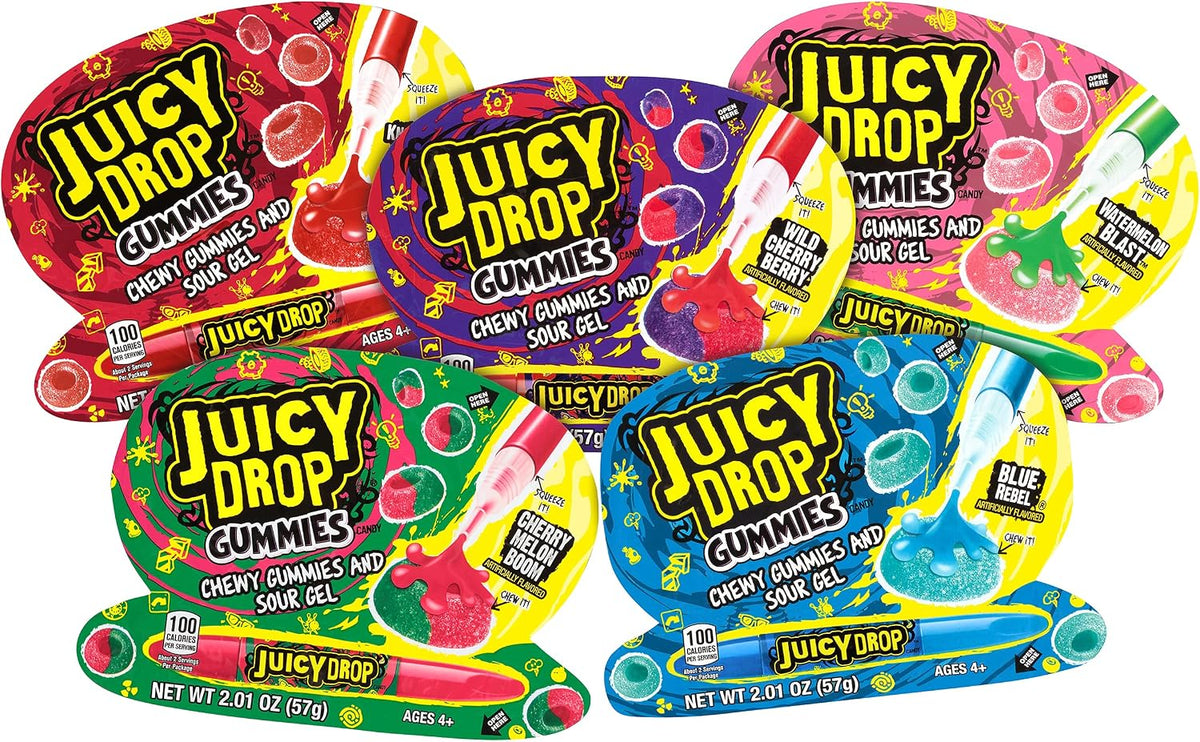 Juicy Drop premium imported party favor squeeze candy pens on a clean background.